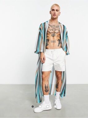 ASOS Teal, Brown & White Striped Maxi Kimono Small